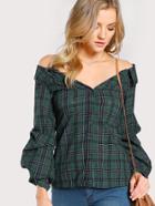 Romwe Gathered Sleeve Collared Bardot Shirt