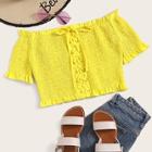 Romwe Neon Yellow Off The Shoulder Lace Up Shirred Blouse