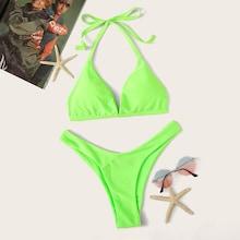 Romwe Neon Lime Halter Top With High Leg Bikini Set