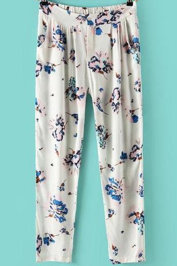 Romwe White Elastic Waist Floral Pant