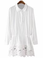 Romwe White Long Sleeve Flower Lace Hem Dress