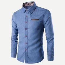 Romwe Men Solid Curved Hem Denim Shirt