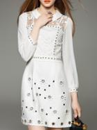 Romwe White Hollow Gauze Embroidered Rivet Dress
