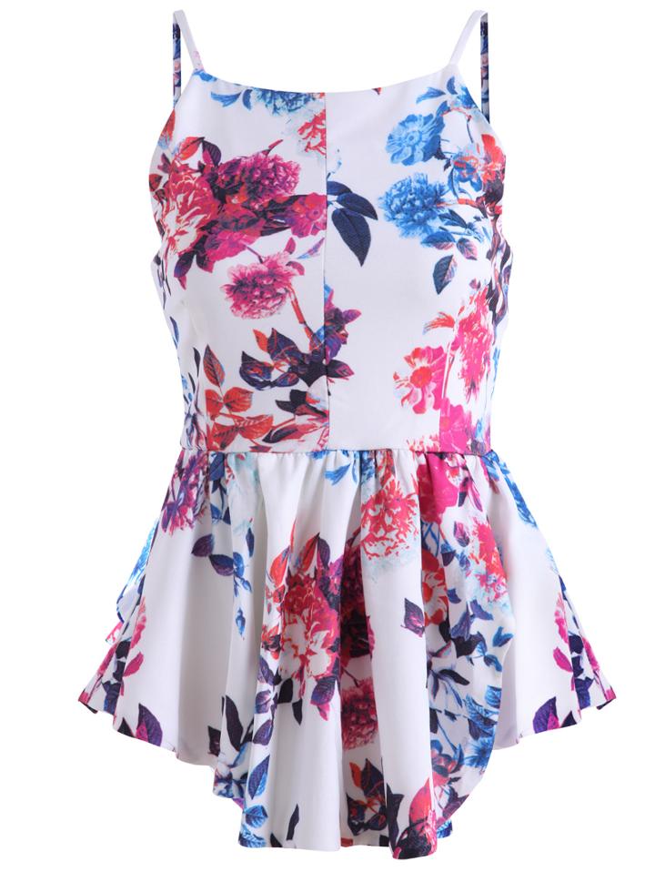 Romwe Spaghetti Strap Florals Peplum Hem Cami Top