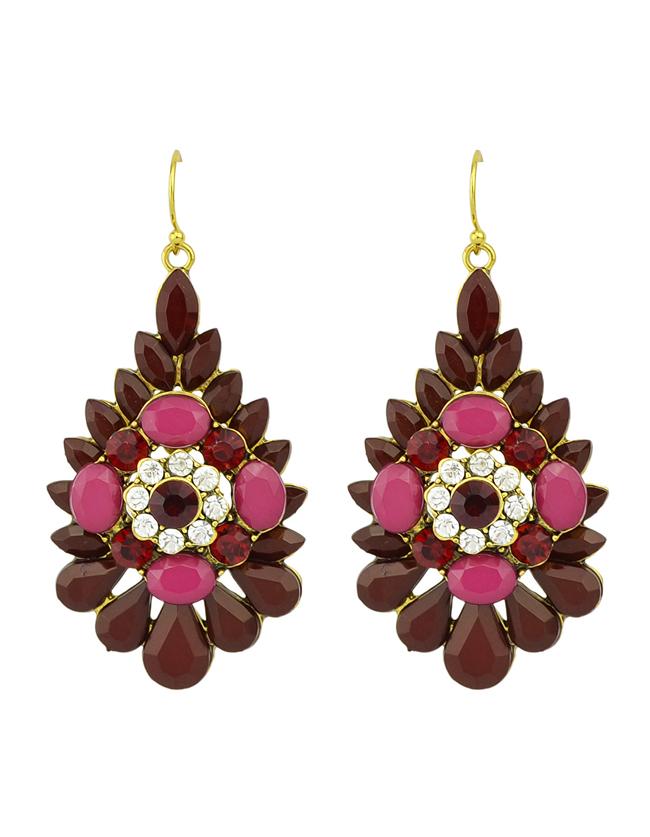 Romwe Red Rhinestone Flower Big Drop Earrings