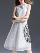 Romwe White Gauze Embroidered Pockets Dress