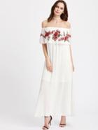 Romwe Embroidered Patch Detail Flounce Off Shoulder Crinkle Dress