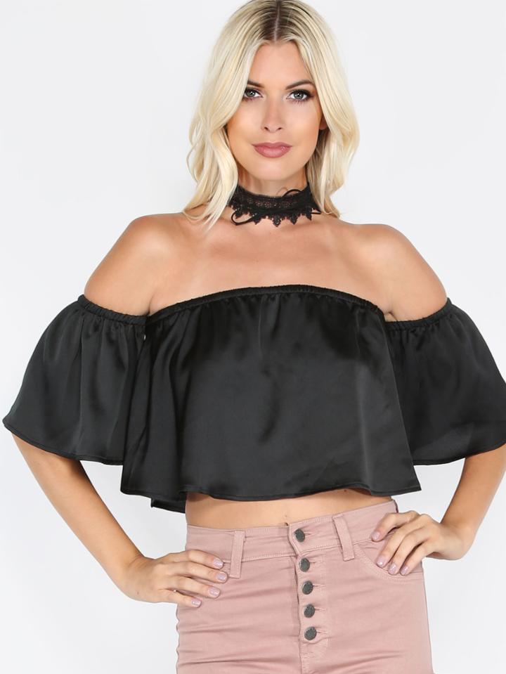 Romwe Black Off The Shoulder Crop Top