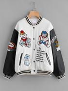 Romwe Graphic Embroidered Contrast Sleeve Striped Trim Jacket