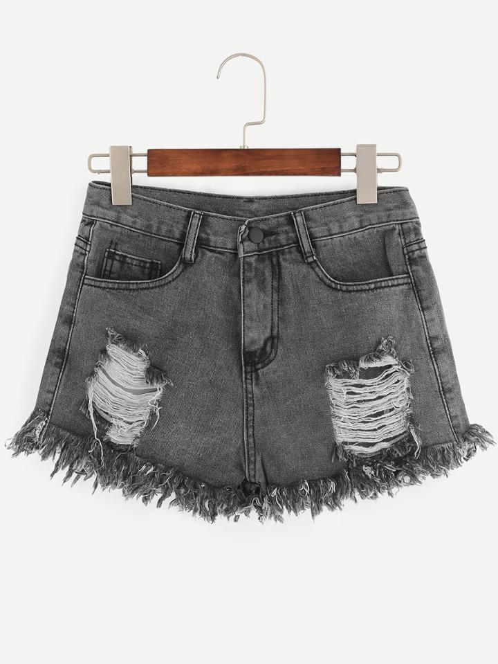 Romwe Grey Ripped Raw Hem Denim Shorts