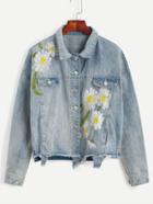 Romwe Blue Drop Shoulder Flower Embroidered Raw Hem Jacket