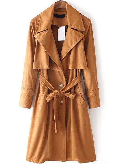 Romwe Lapel Tie-waist Khaki Trench Coat