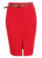 Romwe With Belt Split Bodycon Red Skirt