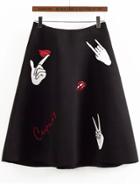 Romwe Lips Letter Embroidered Flare Skirt