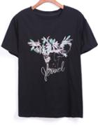 Romwe With Bead Deer Embroidered Black T-shirt