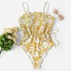 Romwe Drawstring Shirred Random Floral Swimsuit