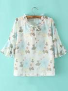 Romwe Bell Sleeve Frill Trim Floral Top