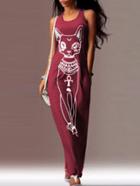 Romwe Cartoon Print Casual Maroon Dress