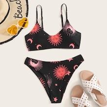 Romwe Sun & Moon Print Bikini Set