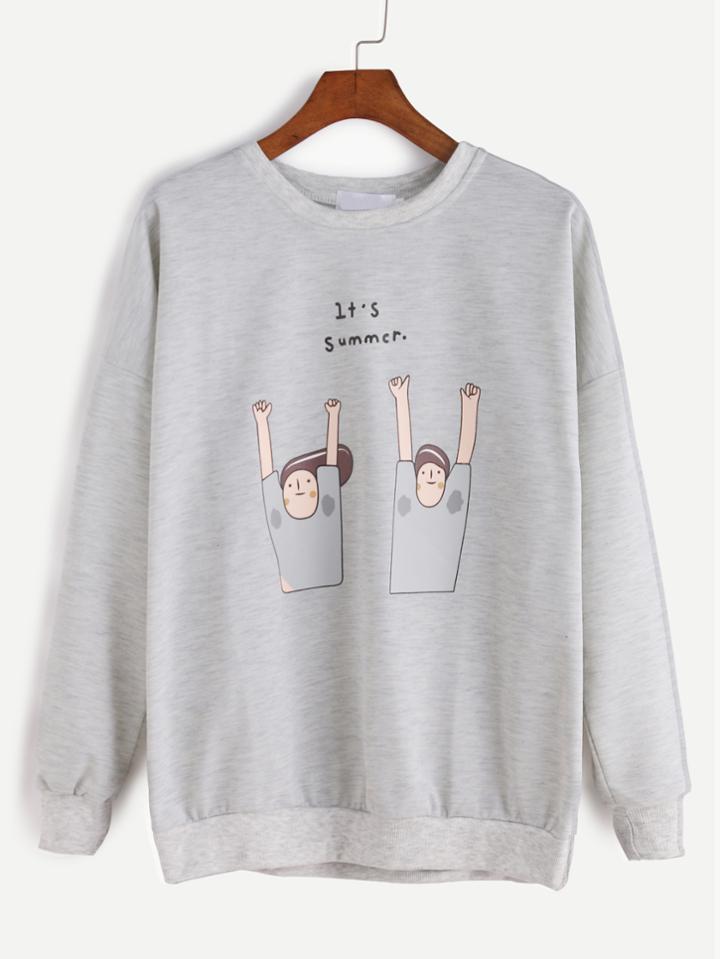 Romwe Light Grey Cartoon Print Dropped Shoulder Seam Sweatshirt