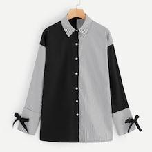 Romwe Striped Panel Knot Sleeve Blouse