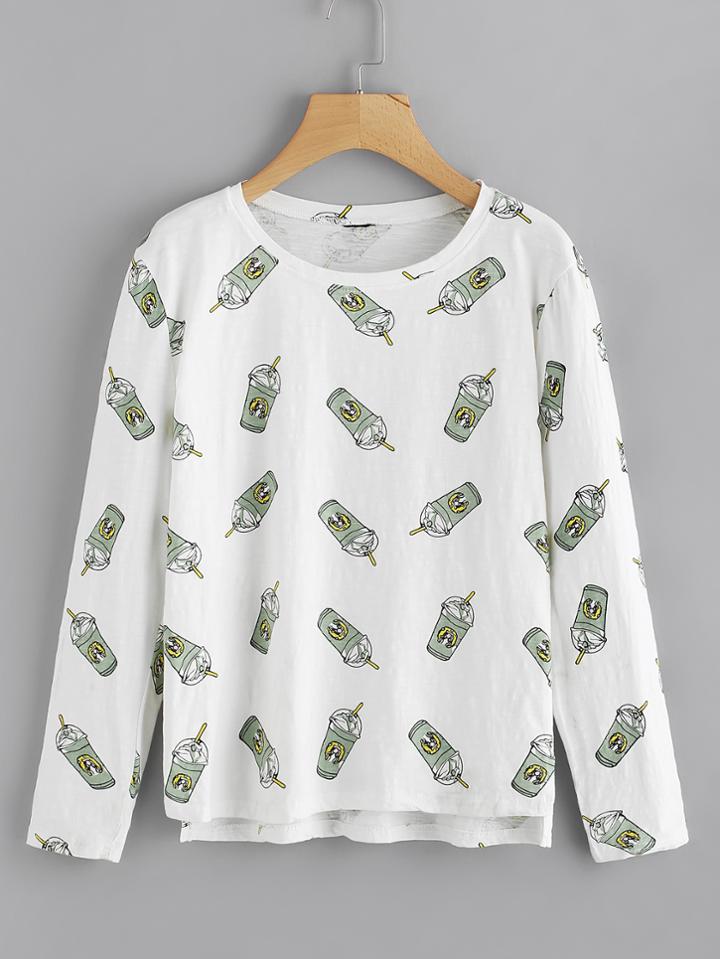 Romwe Drink Random Print Dip Hem Tee