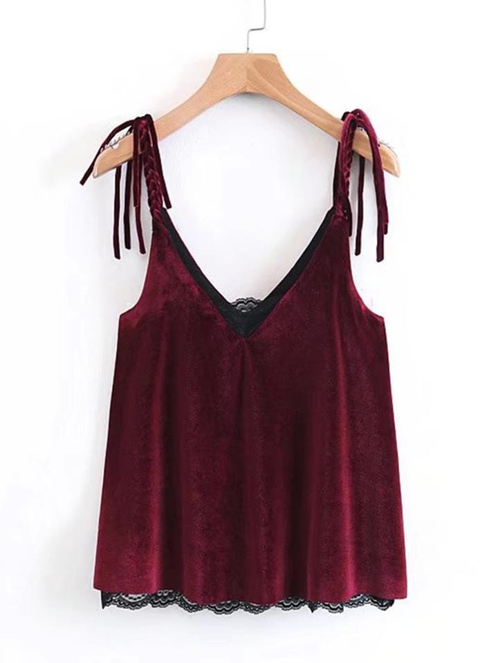 Romwe Plaited Strap Lace Insert Velvet Cami