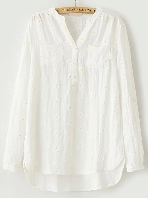Romwe V Neck Dip Hem Daisy Print White Blouse