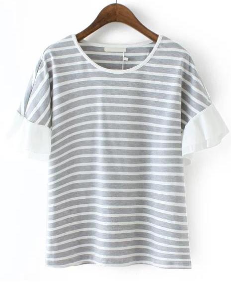 Romwe Ruffle Sleeve Striped Grey Top