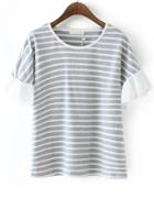 Romwe Ruffle Sleeve Striped Grey Top
