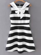 Romwe Black White Self-tie Bow Stripe Skater Dress