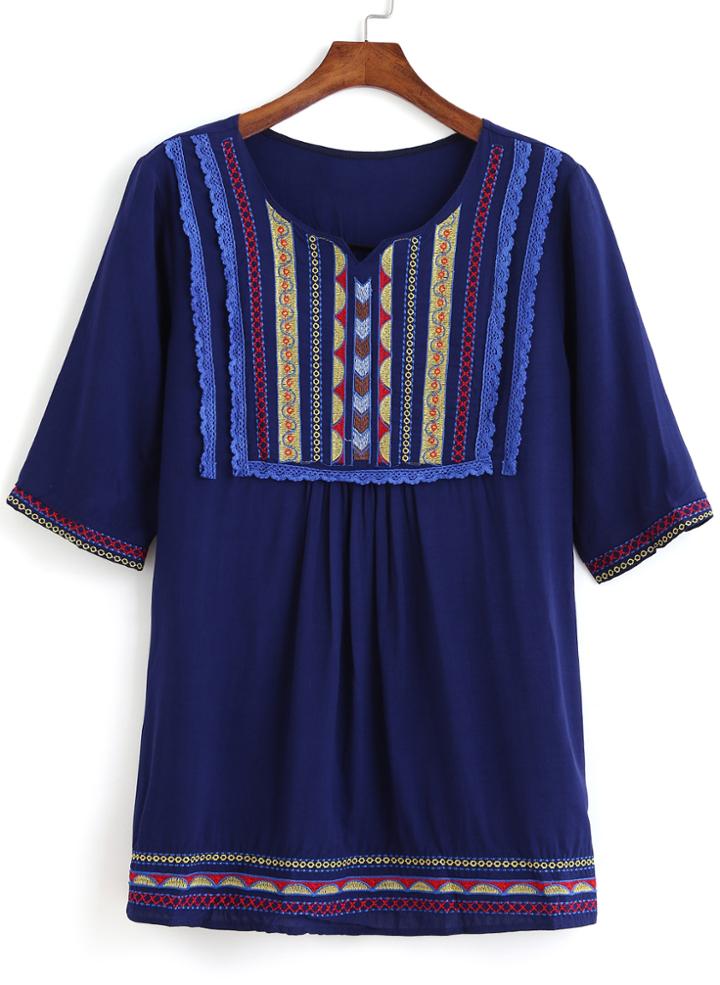 Romwe Half Sleeve Embroidered Blue Dress