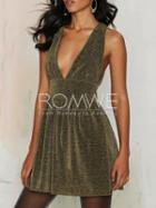 Romwe Gold Deep V Neck Sleeveless Flare Dress