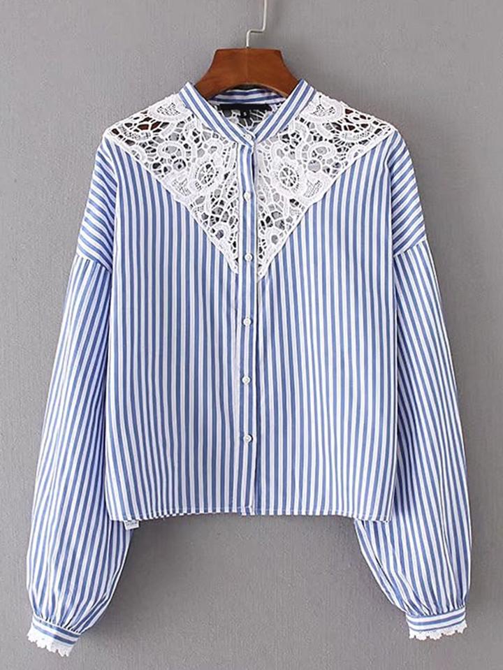 Romwe Lace Crochet Insert Striped Blouse