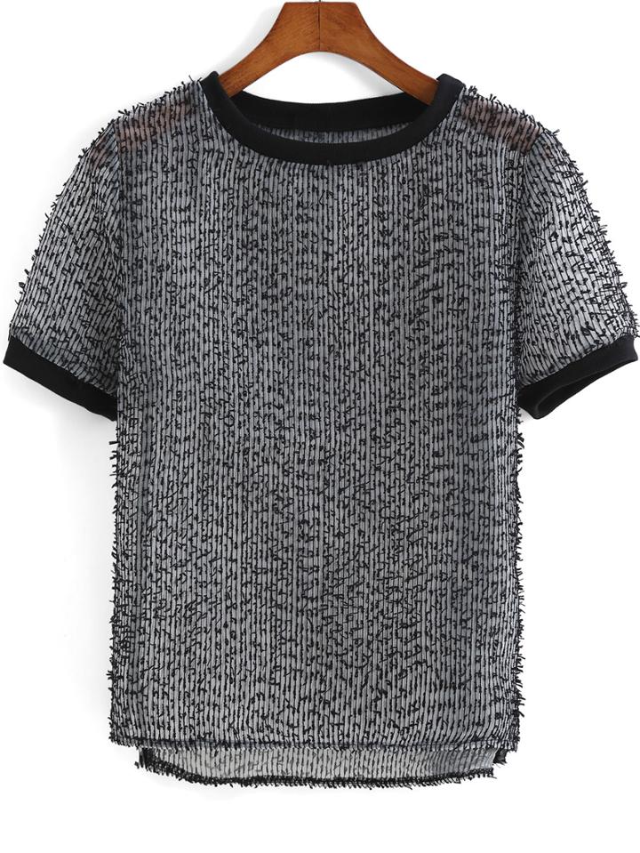Romwe Dip Hem Striped Sheer Top