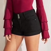 Romwe Wide Waistband Rolled Hem Denim Shorts