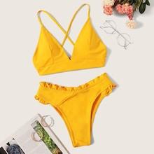 Romwe Lace-up Top With Frill Trim Bikini Set