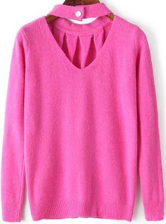 Romwe V Neck Slim Rose Red Sweater