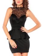 Romwe Lace Neck Cutout Peplum Dress - Black