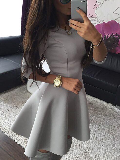 Romwe Round Neck Slim Flare Grey Dress