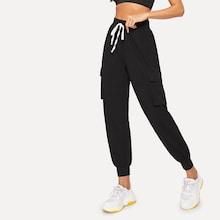 Romwe Drawstring Waist Flap Pocket Side Tapered Pants