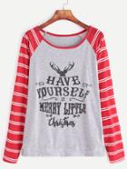 Romwe Letter Print Contrast Striped Raglan Sleeve T-shirt