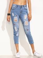 Romwe Blue Ripped Cartoon Embroidered Jeans