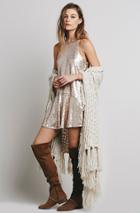 Romwe Off-shouler Sequined Gold Dress
