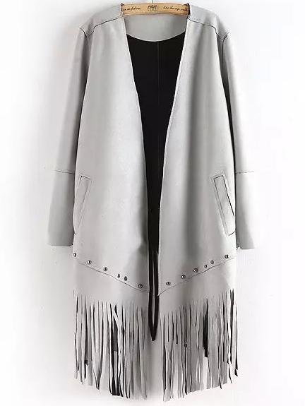 Romwe Long Sleeve Bead Tassel Grey Coat