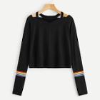 Romwe Striped Panel Cut-out Crop Tee