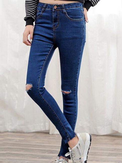 Romwe Cut Out Denim Blue Pant