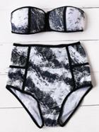 Romwe Black And White Bandeau High Waist Bikini Set