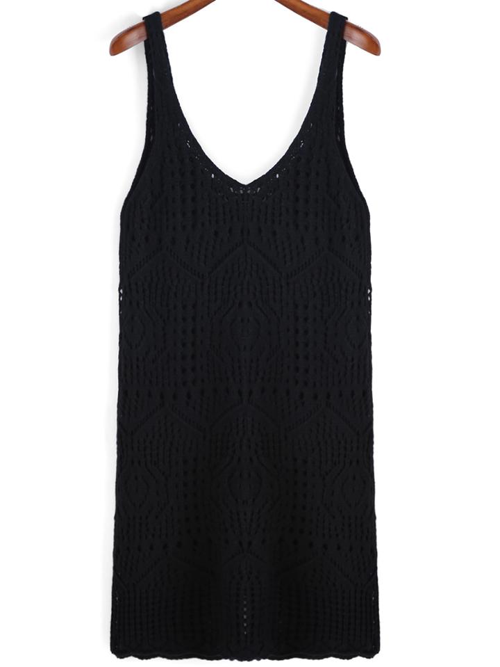 Romwe V Neck Open-knit Black Tank Top