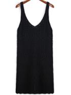 Romwe V Neck Open-knit Black Tank Top
